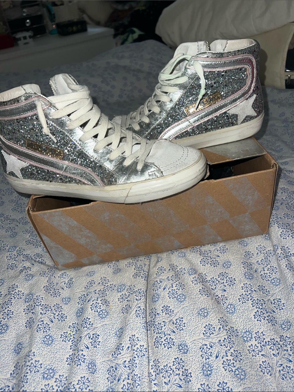 Golden goose silver sequence and pink laminated slides